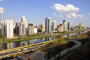 Skyline around Pinheiros River and Octavio Frias Cable Bridge, Sao Paulo, Brazil, South America