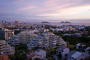 Aerial view of Barra da Tijuca neighbourhood at sunset, Rio de Janeiro, Brazil, South America