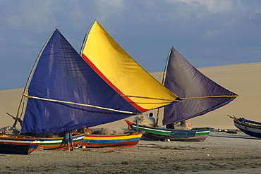 Jangadas, typical Brazilian fishing boats, at Jericoacoara Beach, Ceara, Brazil, South America