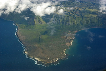 Aerial view of Kalaupapa peninsula and historical park, Molokai, Hawaii, United States of America, Pacific