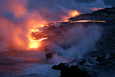 Lava flowing into the Pacific Ocean, Volcanoes National Park, UNESCO World Heritage Site, Big Island, Hawaii, United States of America, Pacific