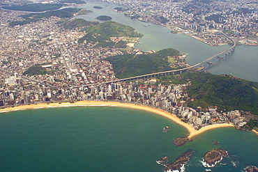 Aerial view of Costa beach in Vila Velha, and the Third Bridge, road connection to Vitoria, Espirito Santo, southeast Brazil, South America