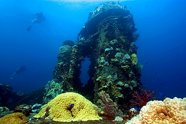 Divers explore the main deck, Fujikawa Maru shipwreck, Truk lagoon, Chuuk, Federated States of Micronesia, Caroline Islands, Micronesia, Pacific Ocean, Pacific