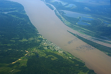 Aerial view of flooded tropical rain forest and Solimoes River, Amazonas, Brazil, South America