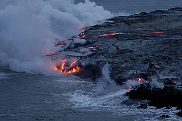 Lava flowing into the Pacific Ocean, Volcanoes National Park, UNESCO World Heritage Site, Big Island, Hawaii, United States of America, Pacific