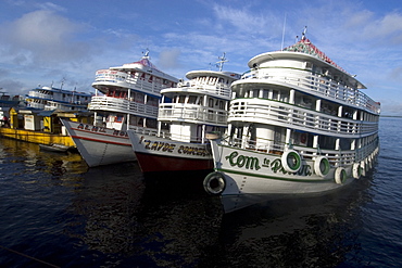 River boats lined up at the main port, Manaus, Amazonas, Brazil, South America