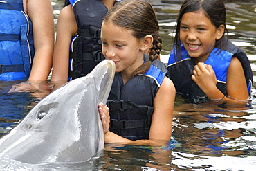 Girl kissing a bottlenose dolphin (Tursiops truncatus), Oahu, Hawaii, United States of America, Pacific