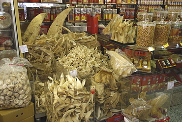 Dried shark fins for sale in traditional Chinese medicine store, Taipei, Taiwan, Asia