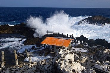 Waves pounding at field research station, St. Peter and St. Paul's rocks, Brazil, South America