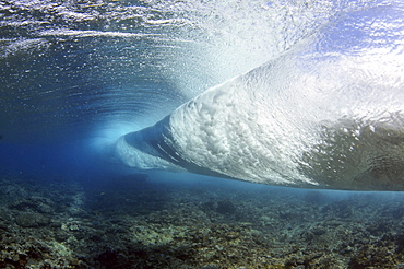 Wave breaking on reef, seen from below the surface, Palikir Pass, Pohnpei, Federated States of Micronesia, Caroline Islands, Micronesia, Pacific Ocean, Pacific