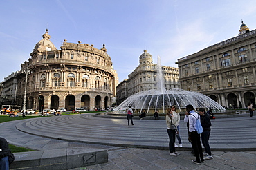 Fountain of Piazza di Ferrari and downtown historical buildings, Genova, Liguria, Italy, Europe