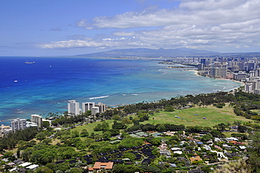 View of Waikiki and Ala Moana Beach Park from Diamond Head Crater, Oahu, Hawaii, United States of America, Pacific