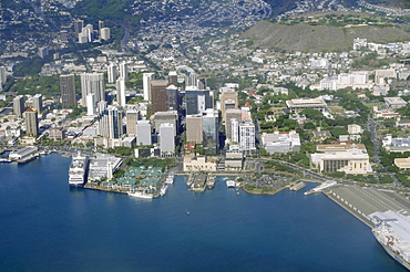 Aerial view of downtown and Aloha tower marketplace, Honolulu, Oahu, Hawaii, United States of America, Pacific