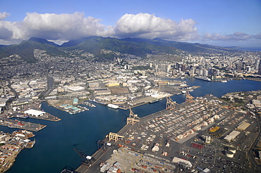 Aerial view of port area, sand island and Honolulu harbour, Oahu, Hawaii, United States of America, Pacific