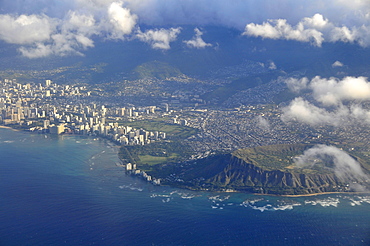 Aerial view of Diamond Head and Waikiki, Honolulu, Oahu, Hawaii, United States of America, Pacific