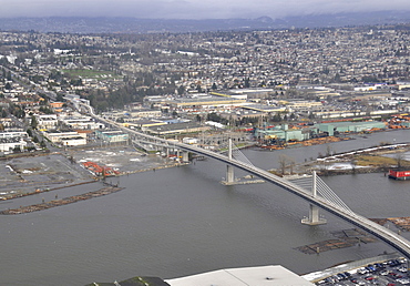 Aerial view of Oak Street Bridge, Fraser River, Vancouver and mountain range, British Columbia, Canada, North America