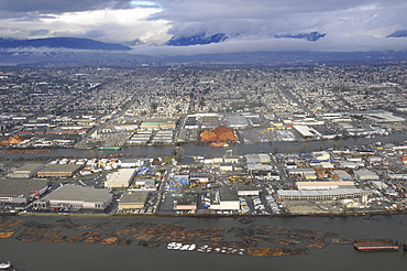 Aerial view of  Fraser River, Vancouver and mountain range, British Columbia, Canada, North America