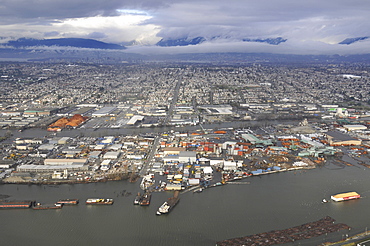 Aerial view of Fraser River, Vancouver and mountain range, British Columbia, Canada, North America