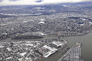 Aerial view of Fraser River, Vancouver and mountain range, British Columbia, Canada, North America