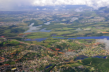 Aerial view of small towns and rivers in the northern portion of the state of Rio de Janeiro, Brazil, South America