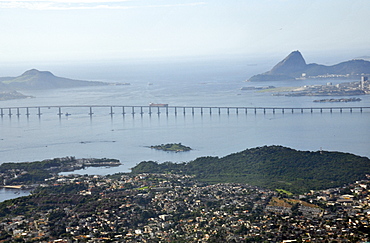 Aerial view of bridge connecting Niteroi and Rio de Janeiro, Guanabara Bay, Brazil, South America