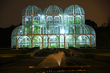 Greenhouse at the Botanical Garden of Curitiba (Jardim Botanico Fanchette Rischbieter) at night, Paranu, Brazil, South America