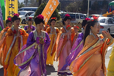 Peace demonstrators walking in traditional costumes, Geoje-Do, South Korea, Asia