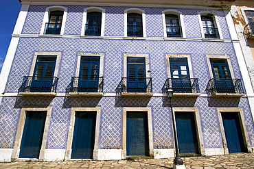 Old colonial building with typical Portuguese blue tiles at historical center in Sao Luis, UNESCO World Heritage Site, Maranhao, Brazil, South America