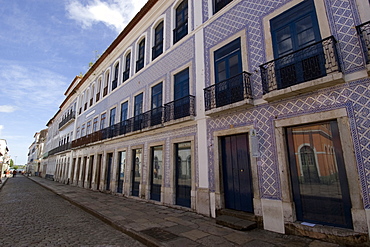 Old colonial building with typical Portuguese blue tiles at historical center in Sao Luis, UNESCO World Heritage Site, Maranhao, Brazil, South America