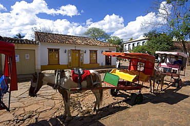 Horse carriages used for tourism and sightseeing, Tiradentes, Minas Gerais, Brazil, South America