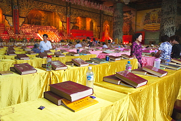 Prayer hall, prayer books, Kek Lok Si Temple (Temple of Supreme Bliss).  George Town, Thailand, Asia