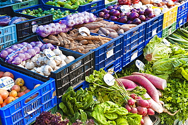 Local fresh fruit and veg at the Sunday morning markets. Pollenca, Tramuntana, Mallorca, Spain, Europe