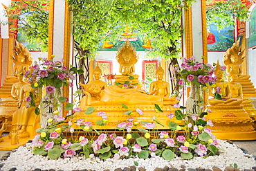 Reclining Buddha and other statues, Karon Beach, Buddhist Temple, Phuket Island, Phuket, Thailand, Southeast Asia, Asia