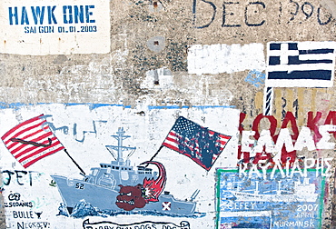 04/04/2009, Early morning, Mindelo Harbour, Docking, Wharf, Dock yard, gratified wall, naval ship signatures. Mindelo, , Sao Vicente Island. Cape Verde Islands