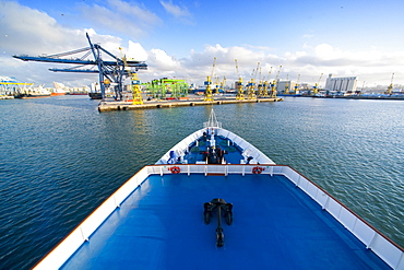 Dock Yards, crane, industry, Ship Clipper Adventurer, entering port, evening. Casablanca, Port Of Casablanca, Morocco