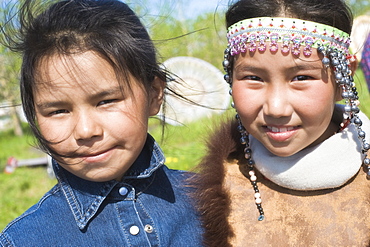 Two Inuit young Females of Koryaks peoples in native clothes, Ossora Village (Koryakskiy Peninsular) Russia, Asia