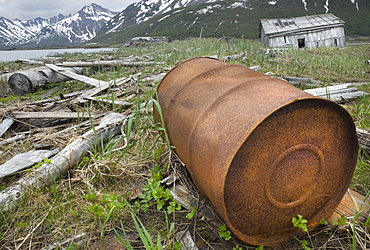 Abandoned Herring fishing settlement, tsunami damage, building debris, Yuzhnaya Glybokaya Bay (Bering Sea) Russia, Asia