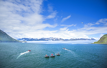 Zodiacs, expedition cruise, mountains, landscape view, exploration of Bogoslov Island (Bering Sea) Russia, Asia