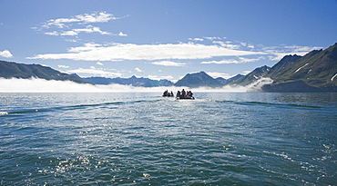 Zodiacs, expedition cruise, mountains, landscape view, exploration of Bogoslov Island (Bering Sea) Russia, Asia