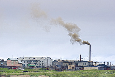 Inuit Settlement landscape of local Coal Power station, Lorino Village (Chukotskiy Peninsular) Russia, Asia.