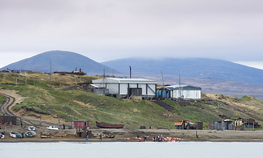 Inuit Settlement with locals cutting and cleansing a freshly caught Grey whale, Lorino Village (Chukotskiy Peninsular) Russia, Asia.