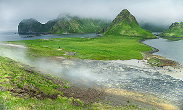 Volcanic Caldera, Geothermal landscape, sulphur cloud. Yankicha Island, (Bering Sea), Russia, Asia