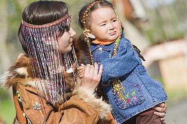 Mother and Child of Koryaks peoples in native clothes, Ossora Village (Koryakskiy Peninsular) Russia, Asia