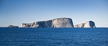 Onboard the clipper Adventurer, looking out to Monumental Island, Baffin Island, Canada, North America