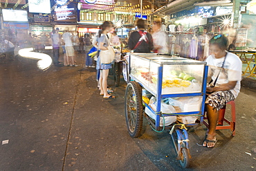 Khaosan Road, street markets, crowded street at night, food stall.  Bangkok, Thailand, South-East Asia, Asia