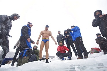 Stig Severinsen doing constant weight with no fins at the Oslo Ice Challenge 2009. Oslo, Norway