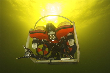 ROV or robotic operated vehicle used for inspection or repairs underwater. The offshore business use them for all type of applications. They can go to great depths, where divers can't reach