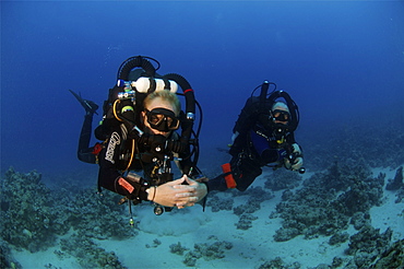 Mixed gas rebreather diver showing equipment.  Red Sea.