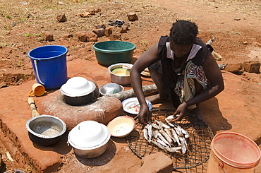 Lady preparing fish for meal, Talpia, Zambia, Africa