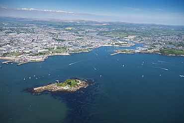 Plymouth with Drakes Island in foreground, Devon, England, United Kingdom, Europe 